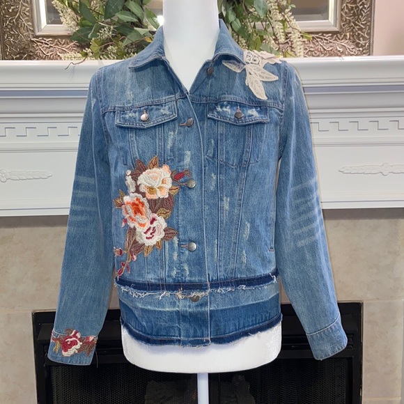 John Mark Denim Distressed Embroidered Jacket - Picture 1 of 11
